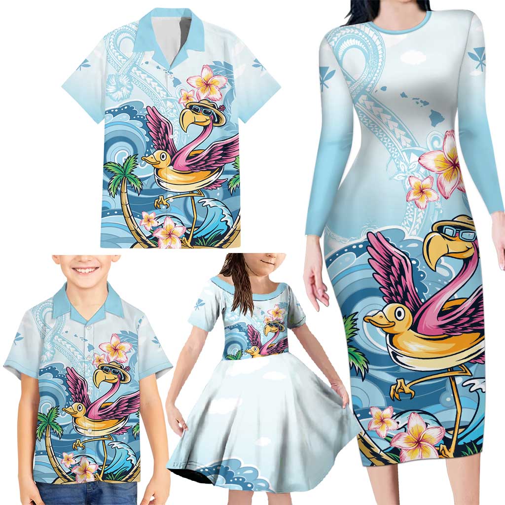 Hawaii Flamingo Family Matching Long Sleeve Bodycon Dress and Hawaiian Shirt Plumeria Tropical Beach LT01 - Polynesian Pride