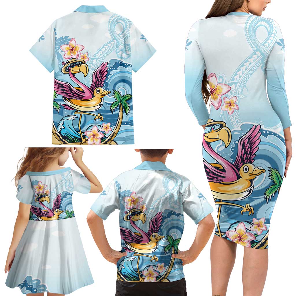 Hawaii Flamingo Family Matching Long Sleeve Bodycon Dress and Hawaiian Shirt Plumeria Tropical Beach LT01 - Polynesian Pride