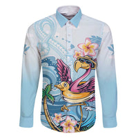 Hawaii Flamingo Family Matching Long Sleeve Bodycon Dress and Hawaiian Shirt Plumeria Tropical Beach LT01 Dad's Shirt - Long Sleeve Blue - Polynesian Pride