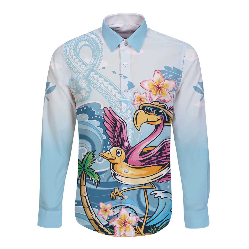 Hawaii Flamingo Long Sleeve Button Shirt Plumeria Tropical Beach