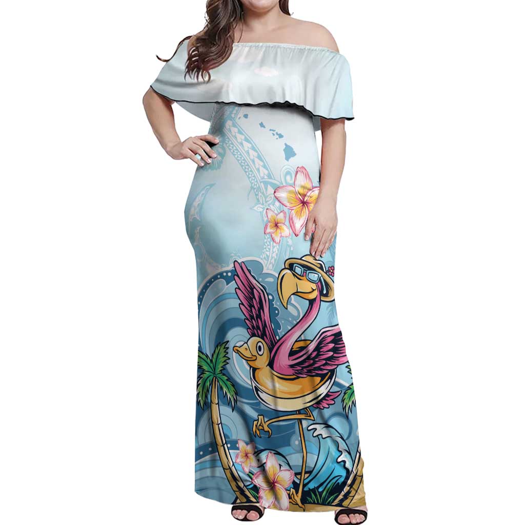 Hawaii Flamingo Off Shoulder Maxi Dress Plumeria Tropical Beach