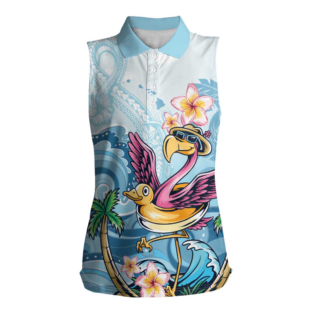 Hawaii Flamingo Women Sleeveless Polo Shirt Plumeria Tropical Beach