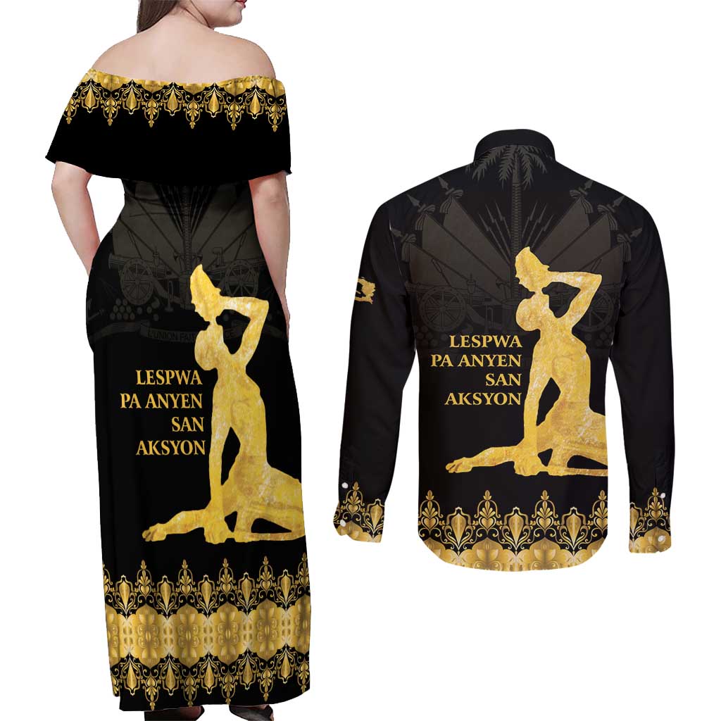 Haiti Neg Marron Gold Couples Matching Off Shoulder Maxi Dress and Long Sleeve Button Shirt Lespwa pa anyen san aksyon
