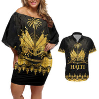 Haiti Neg Marron Gold Couples Matching Off Shoulder Short Dress and Hawaiian Shirt Lespwa pa anyen san aksyon