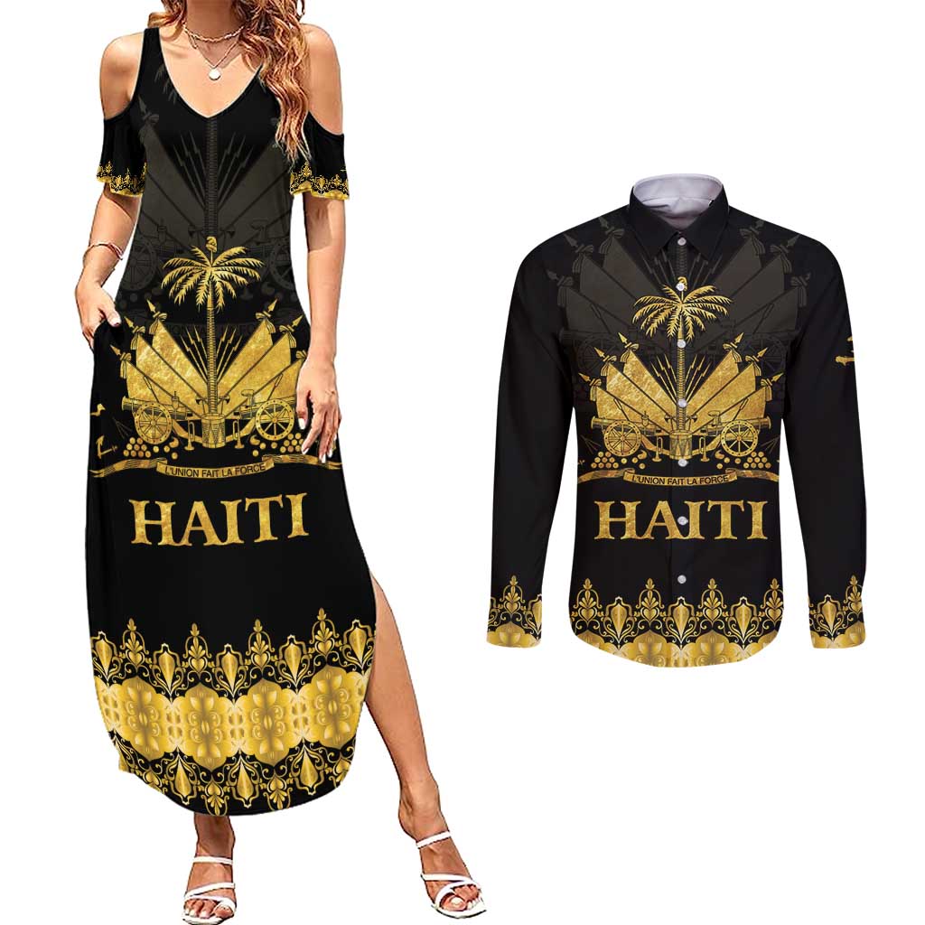 Haiti Neg Marron Gold Couples Matching Summer Maxi Dress and Long Sleeve Button Shirt Lespwa pa anyen san aksyon