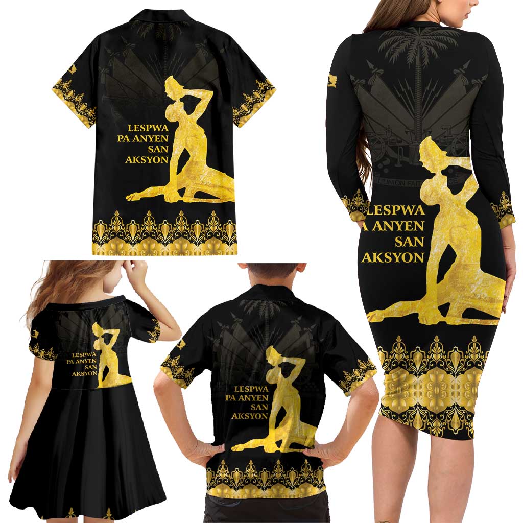 Haiti Neg Marron Gold Family Matching Long Sleeve Bodycon Dress and Hawaiian Shirt Lespwa pa anyen san aksyon