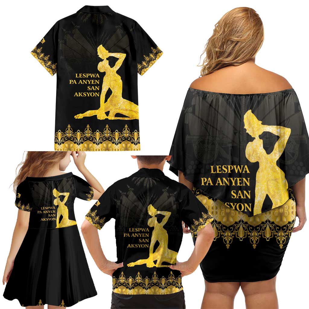 Haiti Neg Marron Gold Family Matching Off Shoulder Short Dress and Hawaiian Shirt Lespwa pa anyen san aksyon