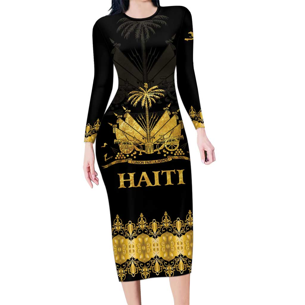 Haiti Neg Marron Gold Long Sleeve Bodycon Dress Lespwa pa anyen san aksyon