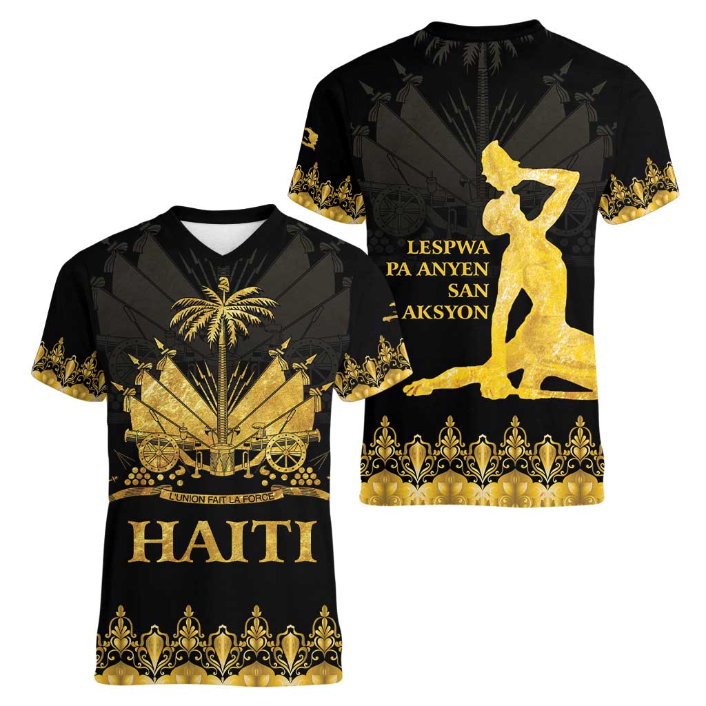 Haiti Neg Marron Gold Women V-Neck T-Shirt Lespwa pa anyen san aksyon LT01 - Polynesian Pride