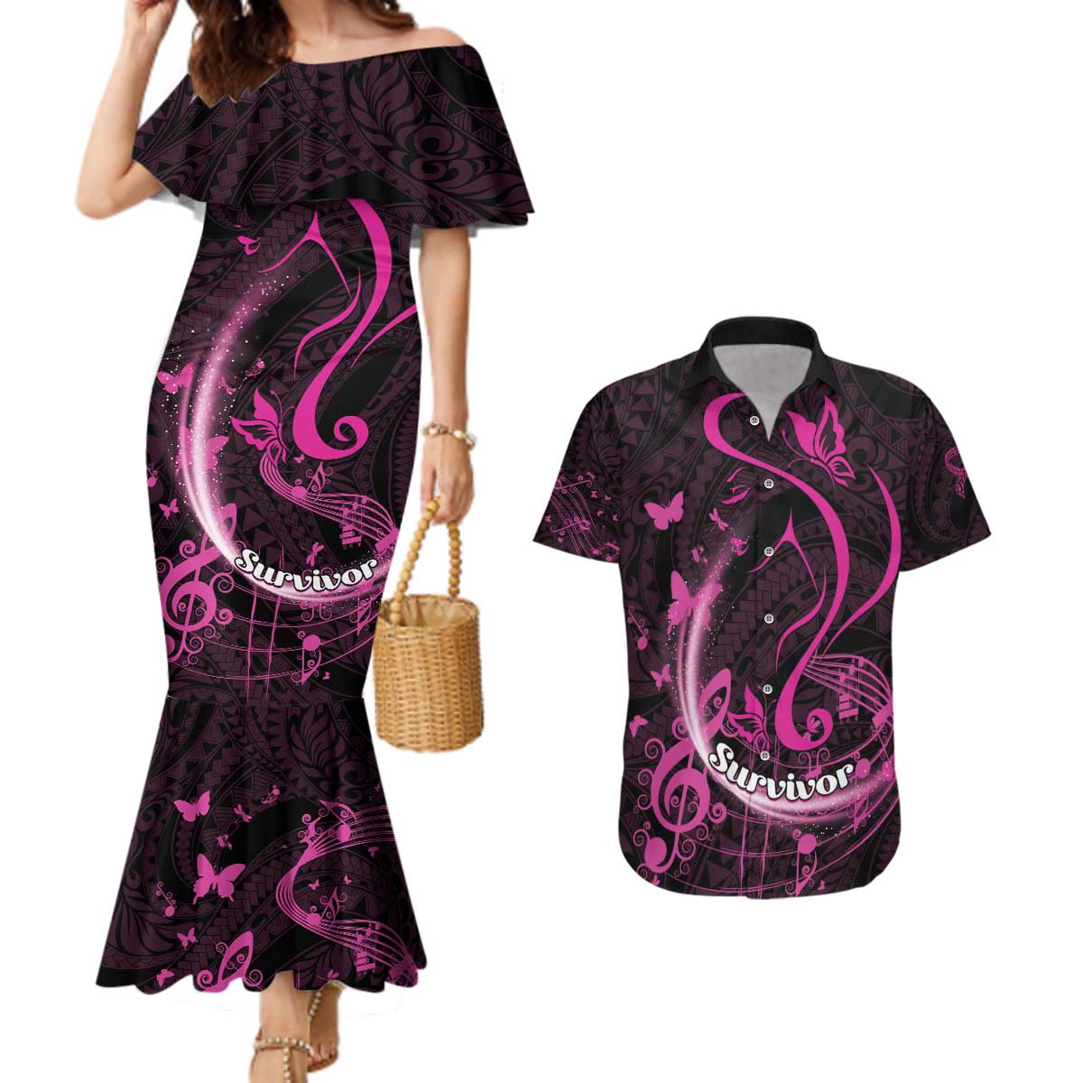 Personalised Survivor Melody Pink Couples Matching Mermaid Dress and Hawaiian Shirt Breast Cancer Polynesian Pattern LT01 Pink - Polynesian Pride