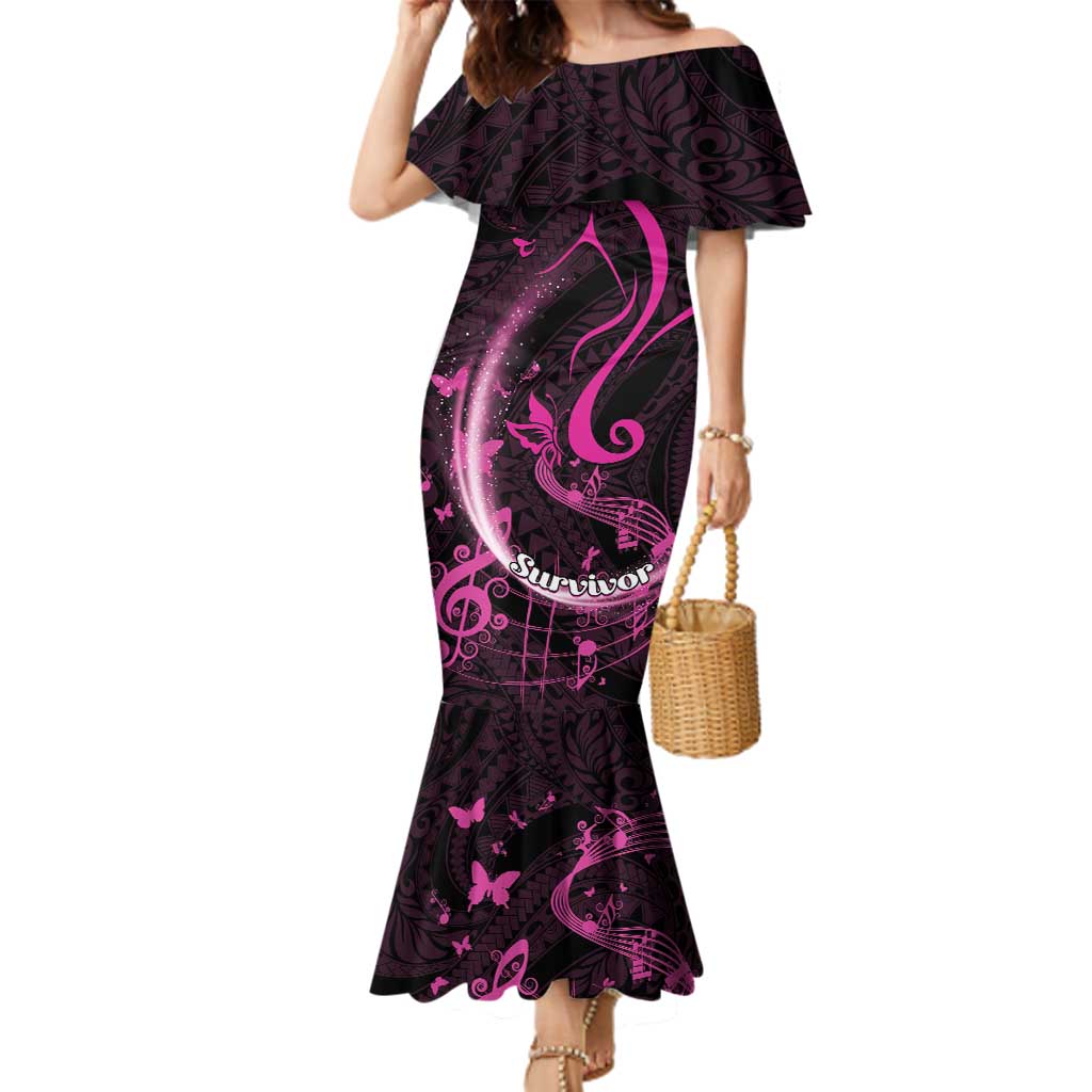 Personalised Survivor Melody Pink Family Matching Mermaid Dress and Hawaiian Shirt Breast Cancer Polynesian Pattern LT01 Mom's Dress Pink - Polynesian Pride