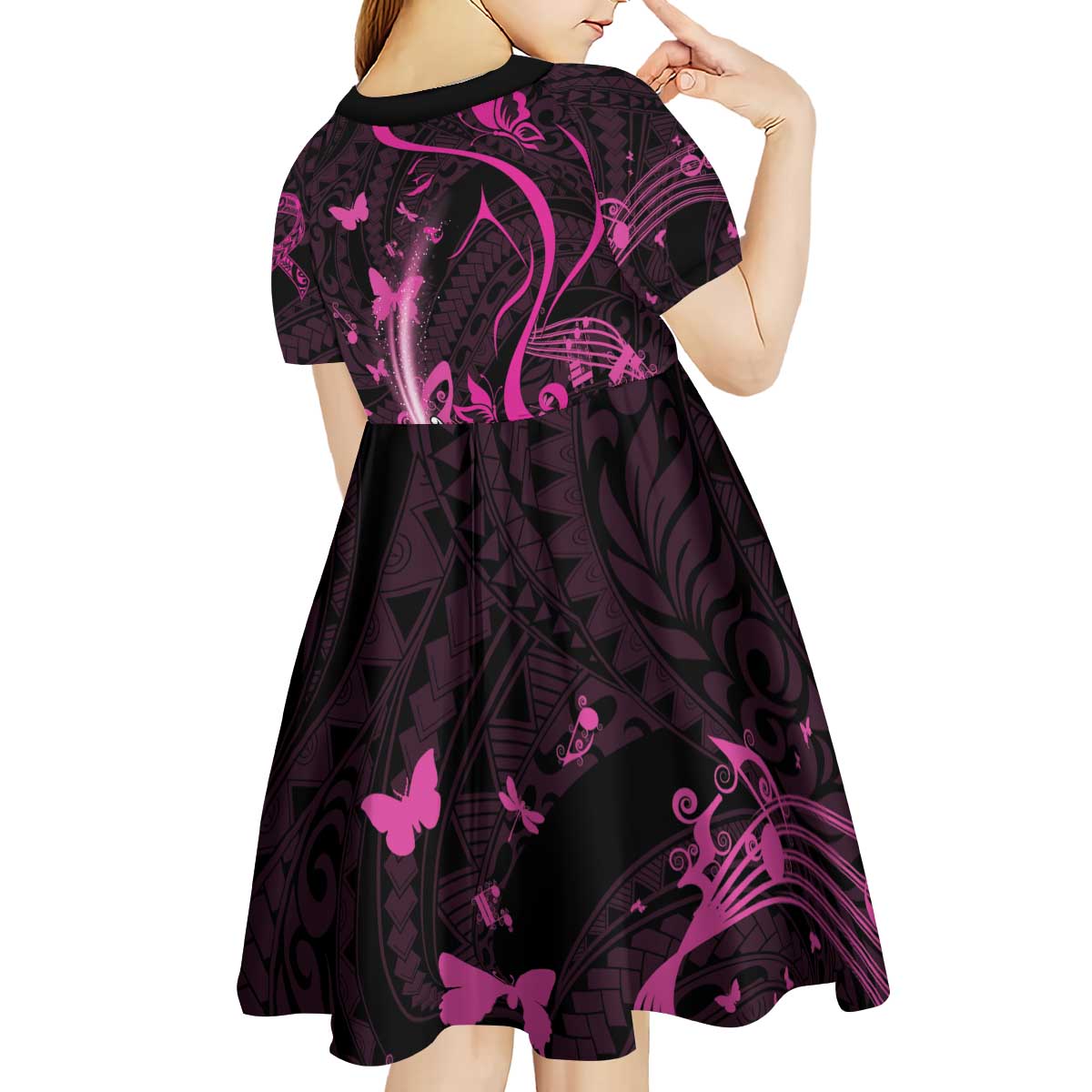Personalised Survivor Melody Pink Kid Short Sleeve Dress Breast Cancer Polynesian Pattern