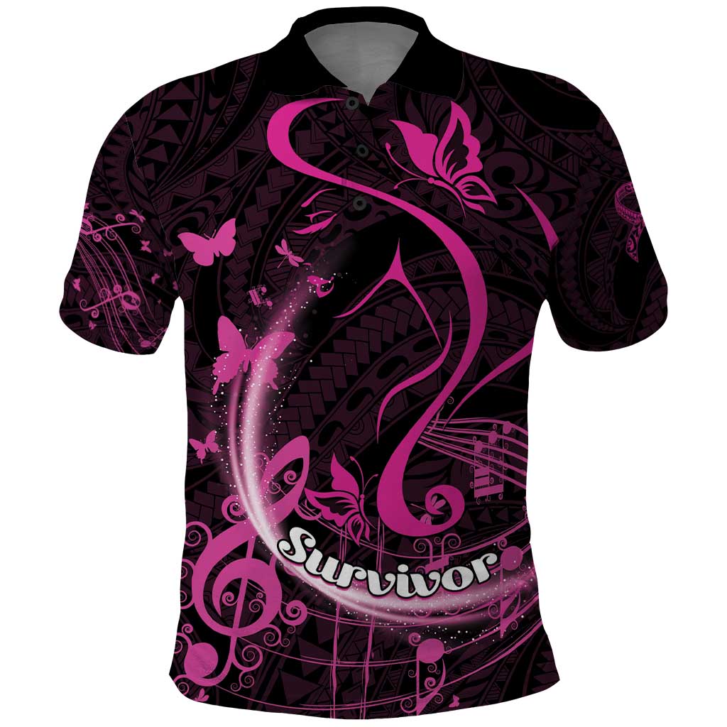 Personalised Survivor Melody Pink Polo Shirt Breast Cancer Polynesian Pattern