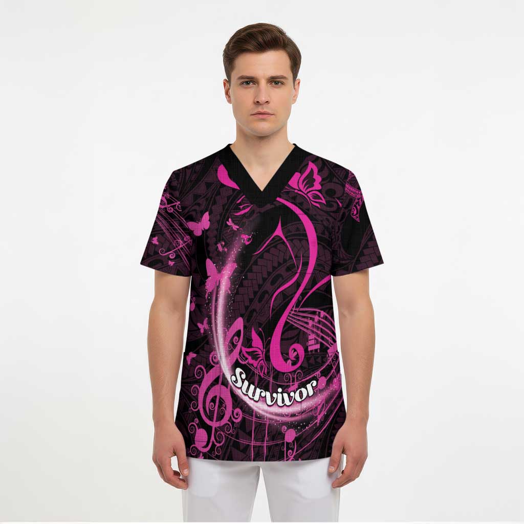 Personalised Survivor Melody Pink Scrub Top Breast Cancer Polynesian Pattern - Polynesian Pride