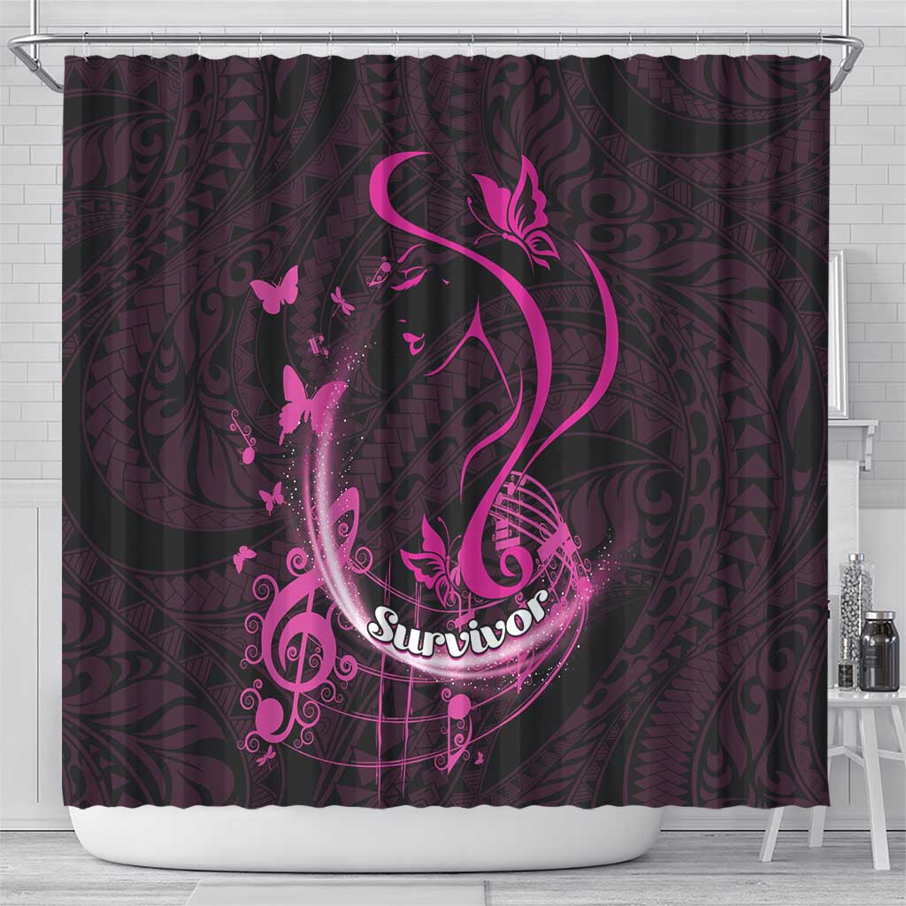 Survivor Melody Pink Shower Curtain Breast Cancer Polynesian Pattern