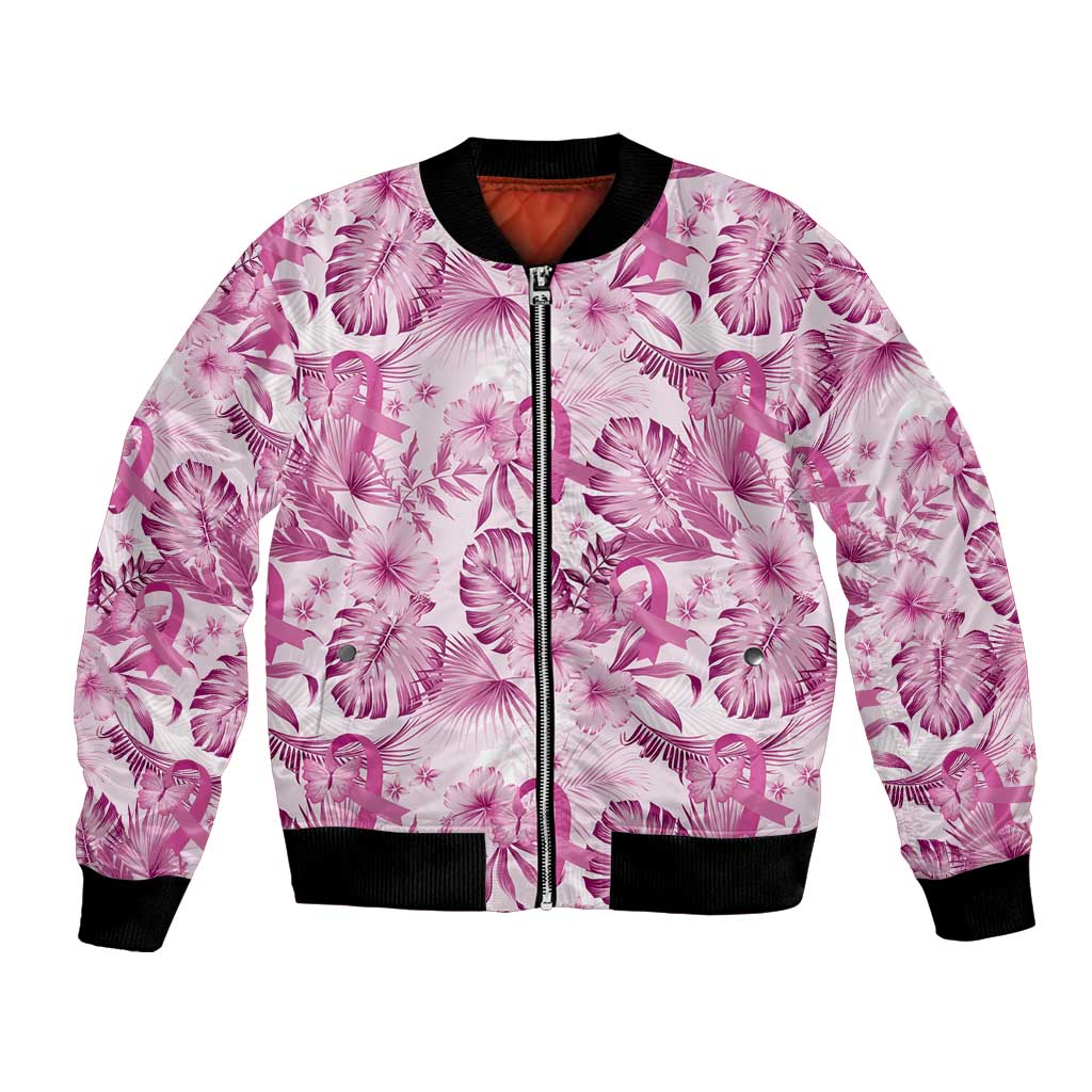 Pink Ribbon Hibiscus Tropical Pattern Bomber Jacket Breast Cancer LT01 Unisex Pink - Polynesian Pride