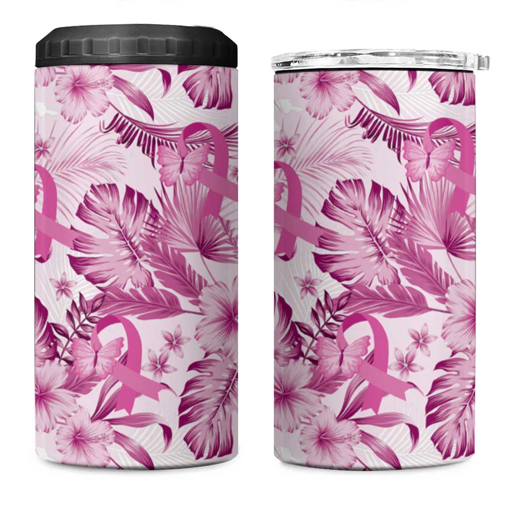 Pink Ribbon Hibiscus Tropical Pattern 4 in 1 Can Cooler Tumbler Breast Cancer