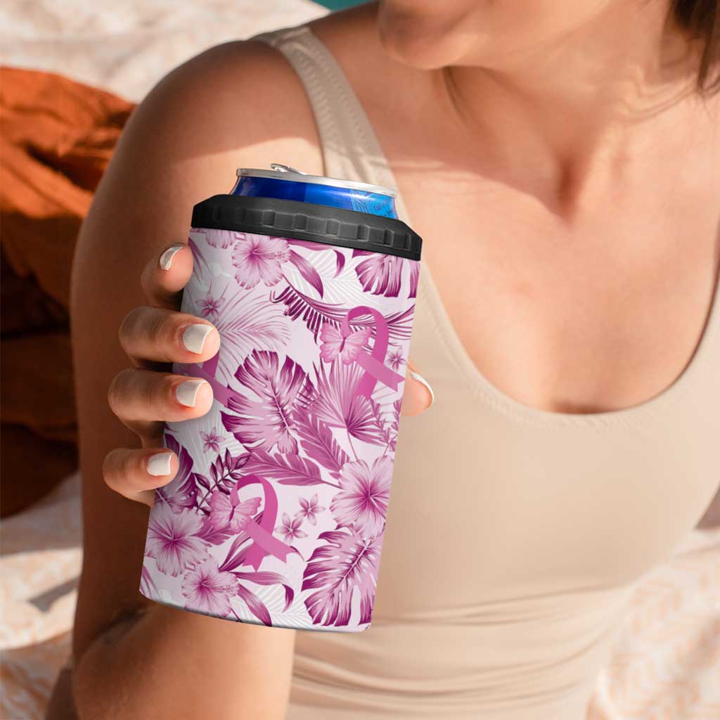 Pink Ribbon Hibiscus Tropical Pattern 4 in 1 Can Cooler Tumbler Breast Cancer