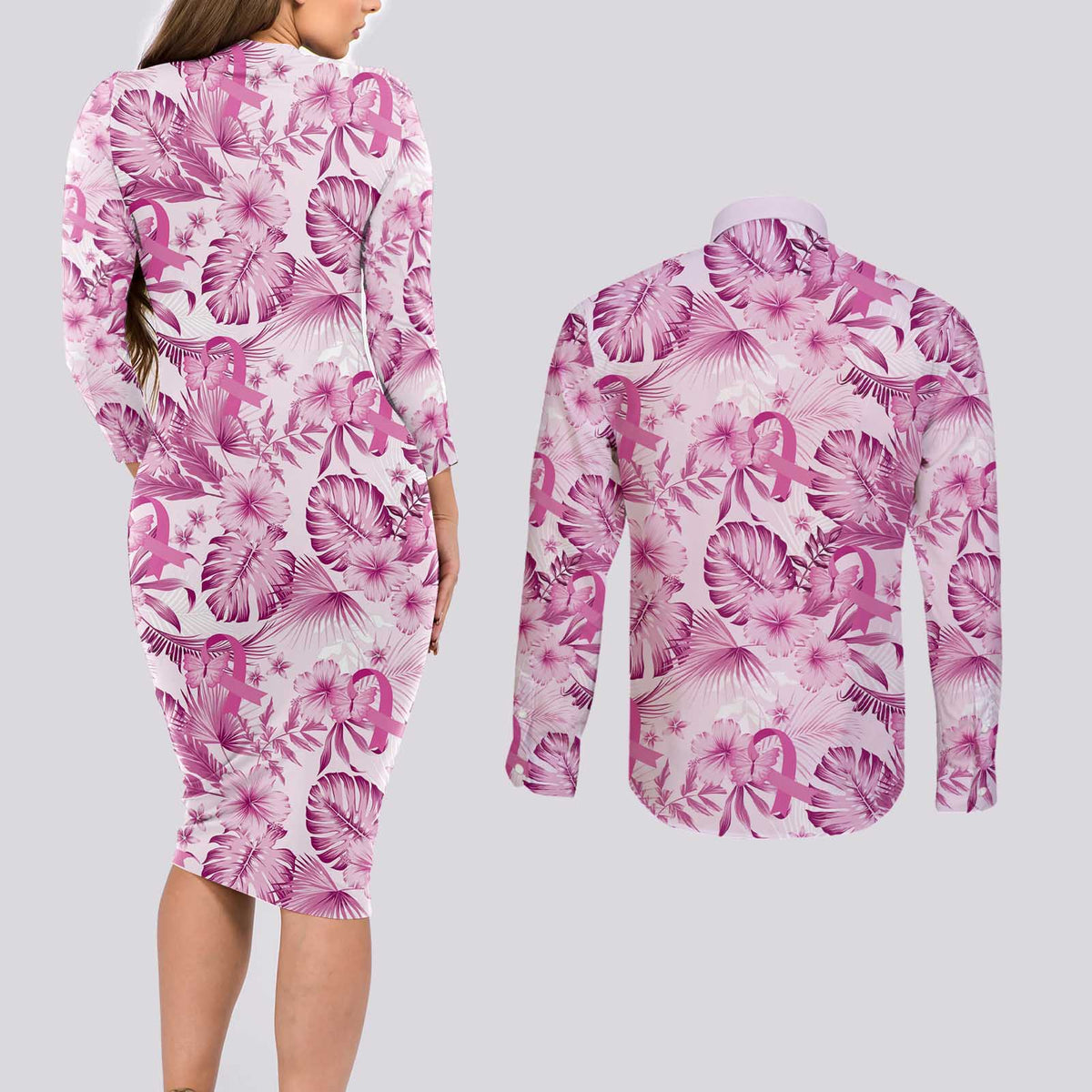 Pink Ribbon Hibiscus Tropical Pattern Couples Matching Long Sleeve Bodycon Dress and Long Sleeve Button Shirt Breast Cancer