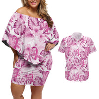 Pink Ribbon Hibiscus Tropical Pattern Couples Matching Off Shoulder Short Dress and Hawaiian Shirt Breast Cancer LT01 Pink - Polynesian Pride