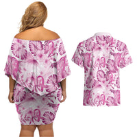 Pink Ribbon Hibiscus Tropical Pattern Couples Matching Off Shoulder Short Dress and Hawaiian Shirt Breast Cancer LT01 - Polynesian Pride