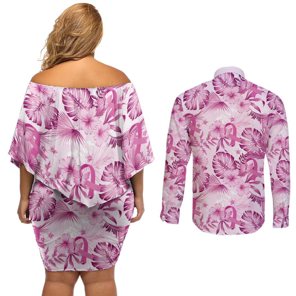 Pink Ribbon Hibiscus Tropical Pattern Couples Matching Off Shoulder Short Dress and Long Sleeve Button Shirt Breast Cancer