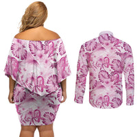 Pink Ribbon Hibiscus Tropical Pattern Couples Matching Off Shoulder Short Dress and Long Sleeve Button Shirt Breast Cancer