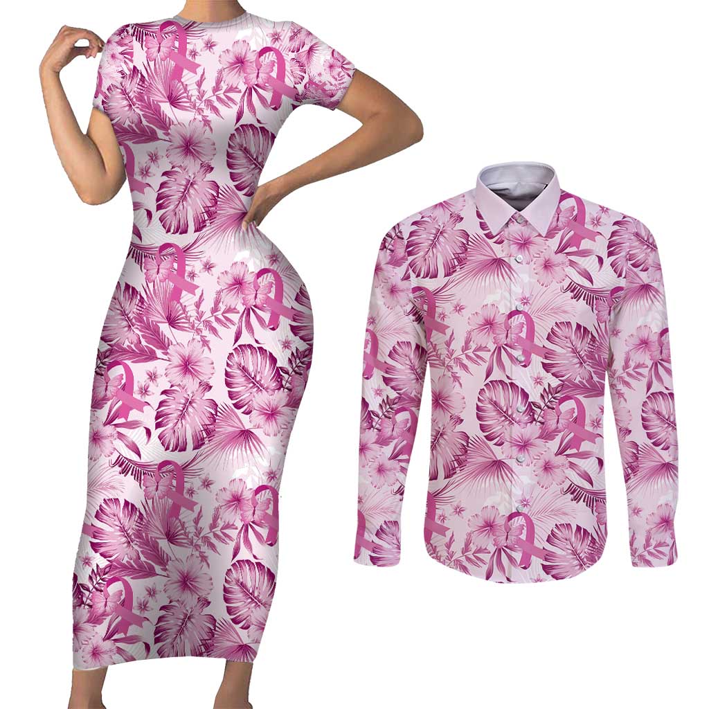 Pink Ribbon Hibiscus Tropical Pattern Couples Matching Short Sleeve Bodycon Dress and Long Sleeve Button Shirt Breast Cancer LT01 Pink - Polynesian Pride