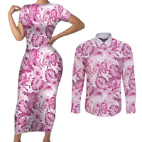Pink Ribbon Hibiscus Tropical Pattern Couples Matching Short Sleeve Bodycon Dress and Long Sleeve Button Shirt Breast Cancer LT01 Pink - Polynesian Pride