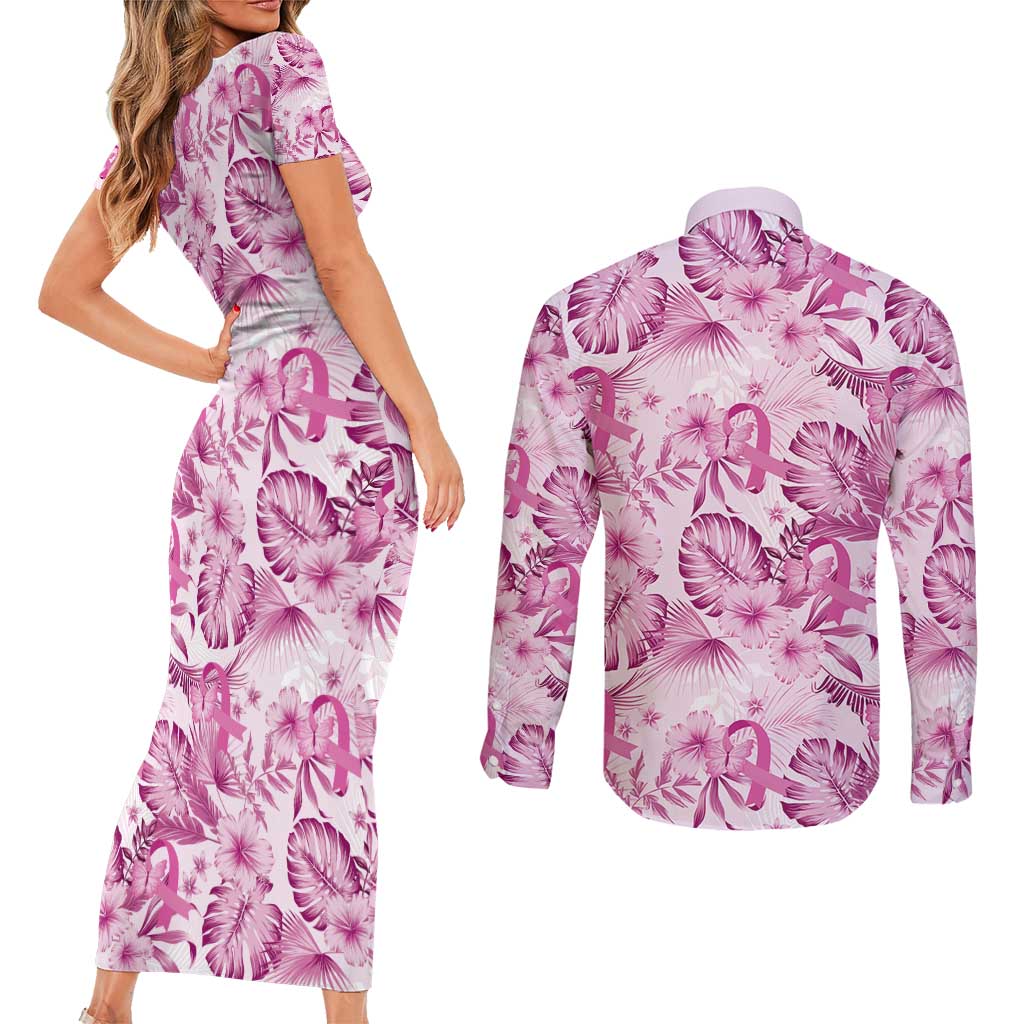 Pink Ribbon Hibiscus Tropical Pattern Couples Matching Short Sleeve Bodycon Dress and Long Sleeve Button Shirt Breast Cancer LT01 - Polynesian Pride