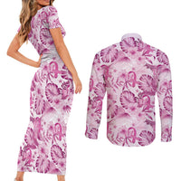 Pink Ribbon Hibiscus Tropical Pattern Couples Matching Short Sleeve Bodycon Dress and Long Sleeve Button Shirt Breast Cancer LT01 - Polynesian Pride