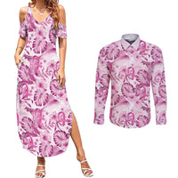 Pink Ribbon Hibiscus Tropical Pattern Couples Matching Summer Maxi Dress and Long Sleeve Button Shirt Breast Cancer