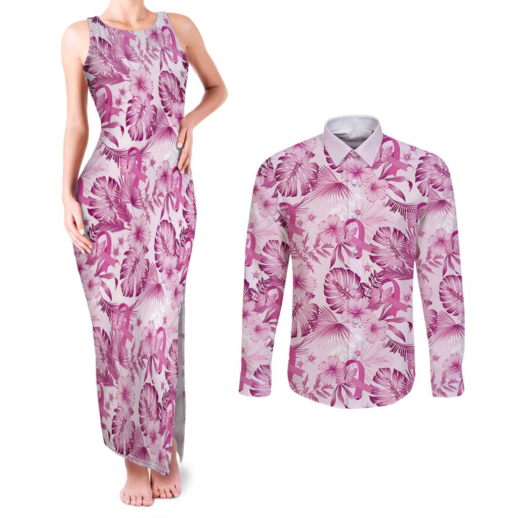 Pink Ribbon Hibiscus Tropical Pattern Couples Matching Tank Maxi Dress and Long Sleeve Button Shirt Breast Cancer