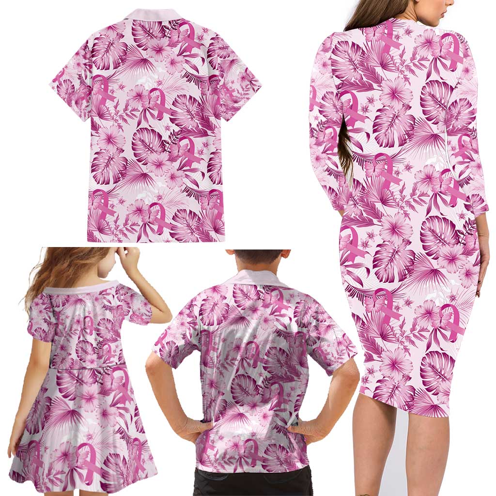 Pink Ribbon Hibiscus Tropical Pattern Family Matching Long Sleeve Bodycon Dress and Hawaiian Shirt Breast Cancer LT01 - Polynesian Pride