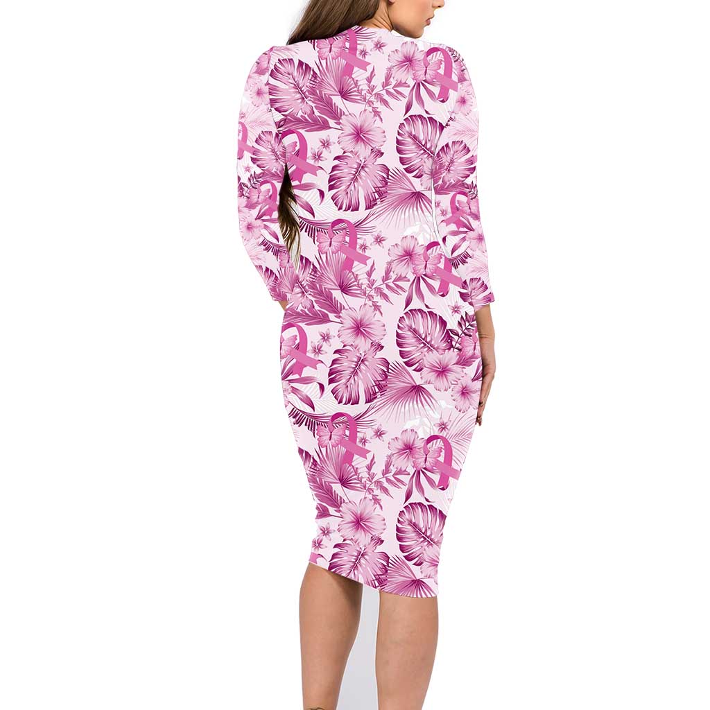 Pink Ribbon Hibiscus Tropical Pattern Family Matching Long Sleeve Bodycon Dress and Hawaiian Shirt Breast Cancer LT01 - Polynesian Pride