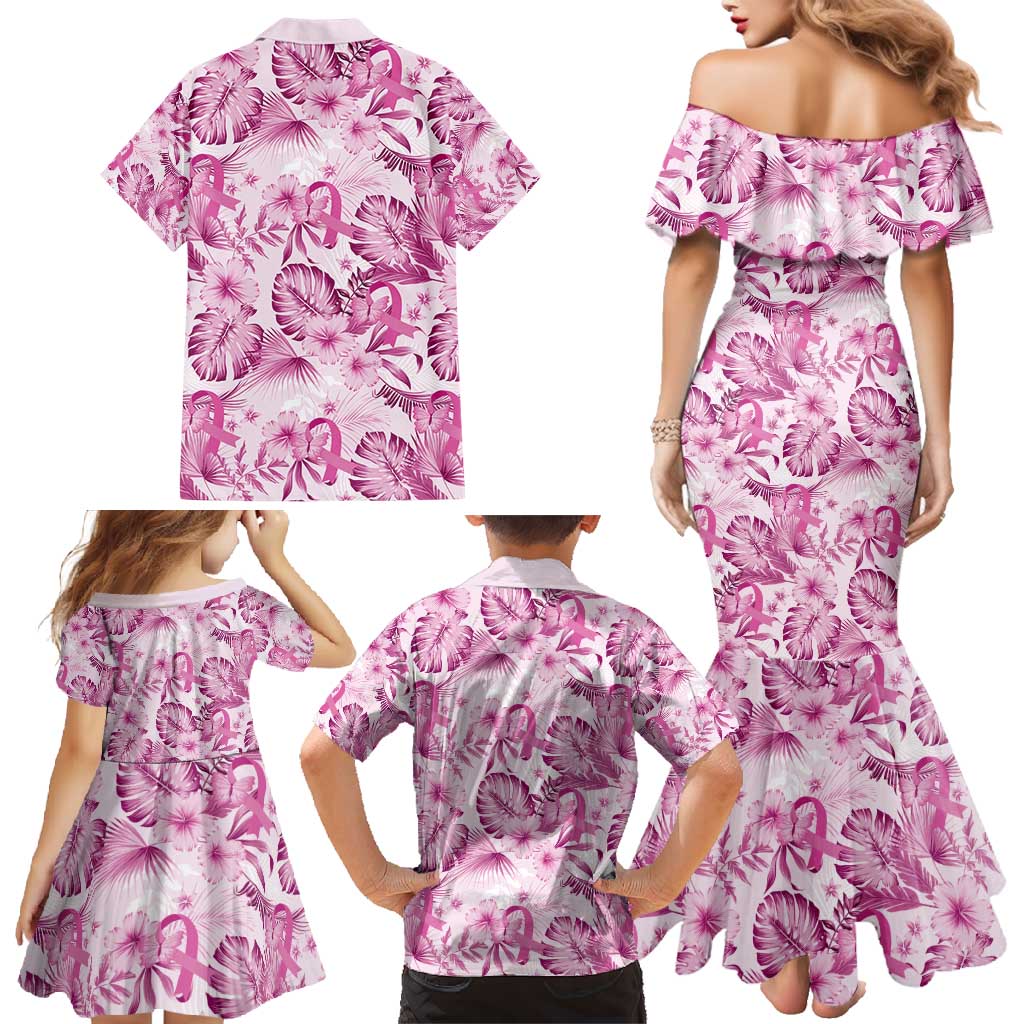 Pink Ribbon Hibiscus Tropical Pattern Family Matching Mermaid Dress and Hawaiian Shirt Breast Cancer LT01 - Polynesian Pride