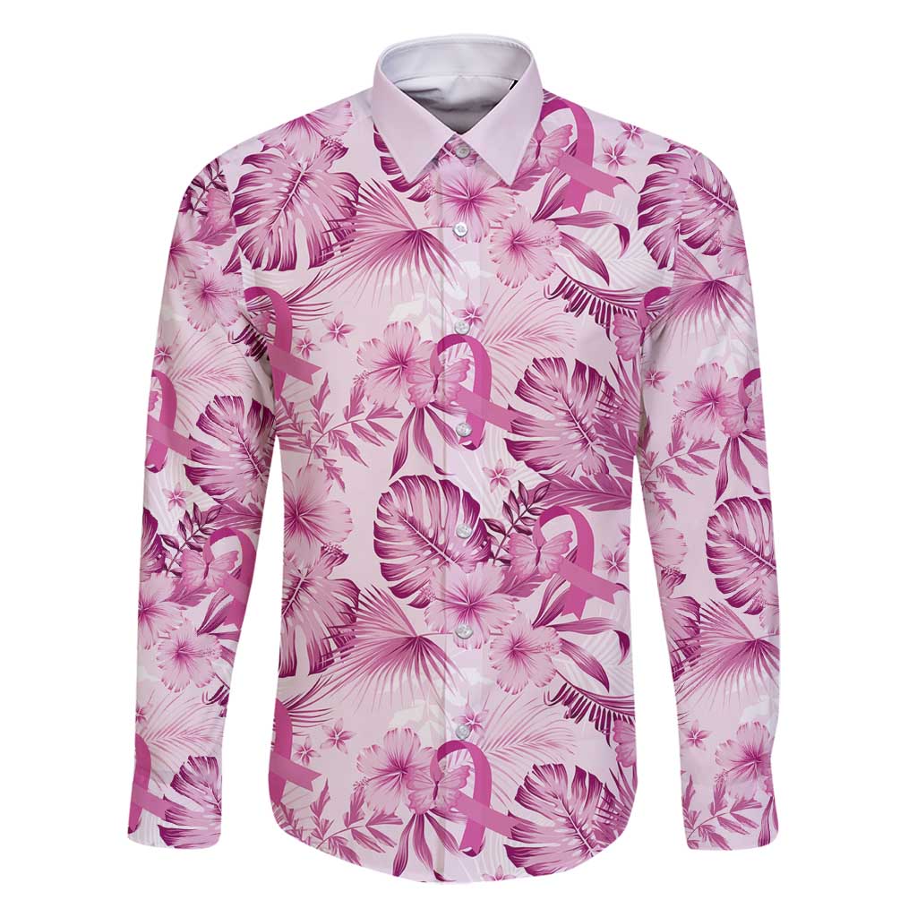 Pink Ribbon Hibiscus Tropical Pattern Family Matching Mermaid Dress and Hawaiian Shirt Breast Cancer LT01 Dad's Shirt - Long Sleeve Pink - Polynesian Pride