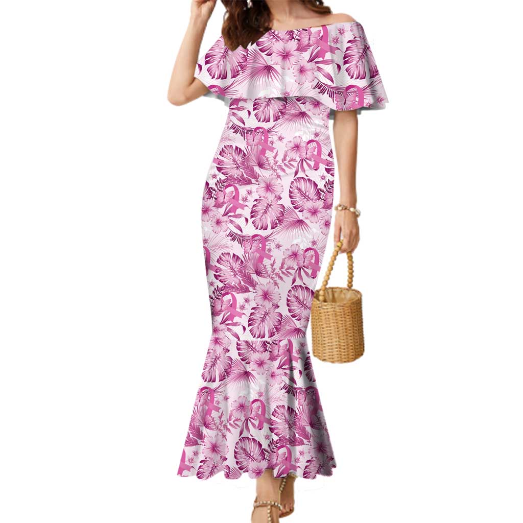 Pink Ribbon Hibiscus Tropical Pattern Family Matching Mermaid Dress and Hawaiian Shirt Breast Cancer LT01 Mom's Dress Pink - Polynesian Pride