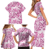 Pink Ribbon Hibiscus Tropical Pattern Family Matching Short Sleeve Bodycon Dress and Hawaiian Shirt Breast Cancer LT01 - Polynesian Pride