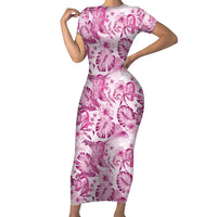 Pink Ribbon Hibiscus Tropical Pattern Family Matching Short Sleeve Bodycon Dress and Hawaiian Shirt Breast Cancer LT01 Mom's Dress Pink - Polynesian Pride