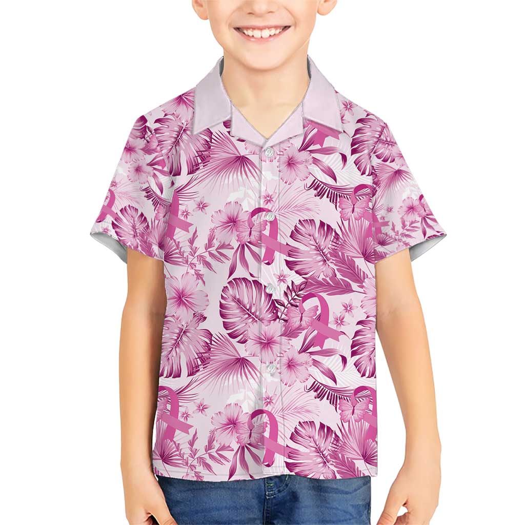Pink Ribbon Hibiscus Tropical Pattern Family Matching Short Sleeve Bodycon Dress and Hawaiian Shirt Breast Cancer LT01 Son's Shirt Pink - Polynesian Pride
