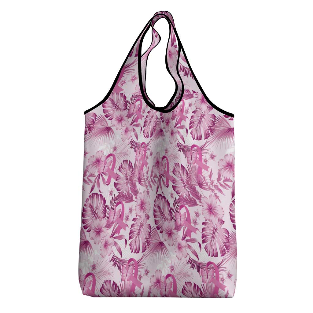 Pink Ribbon Hibiscus Tropical Pattern Grocery Bag Breast Cancer
