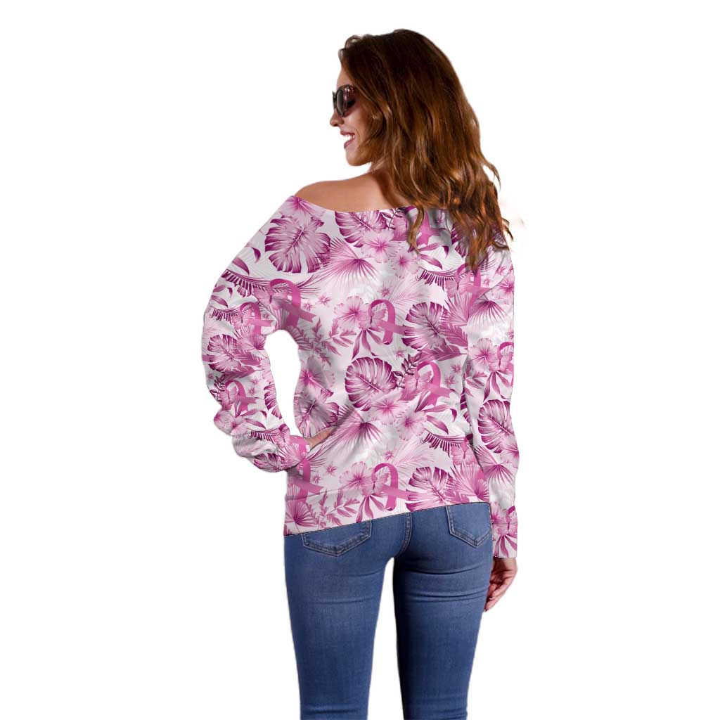 Pink Ribbon Hibiscus Tropical Pattern Off Shoulder Sweater Breast Cancer