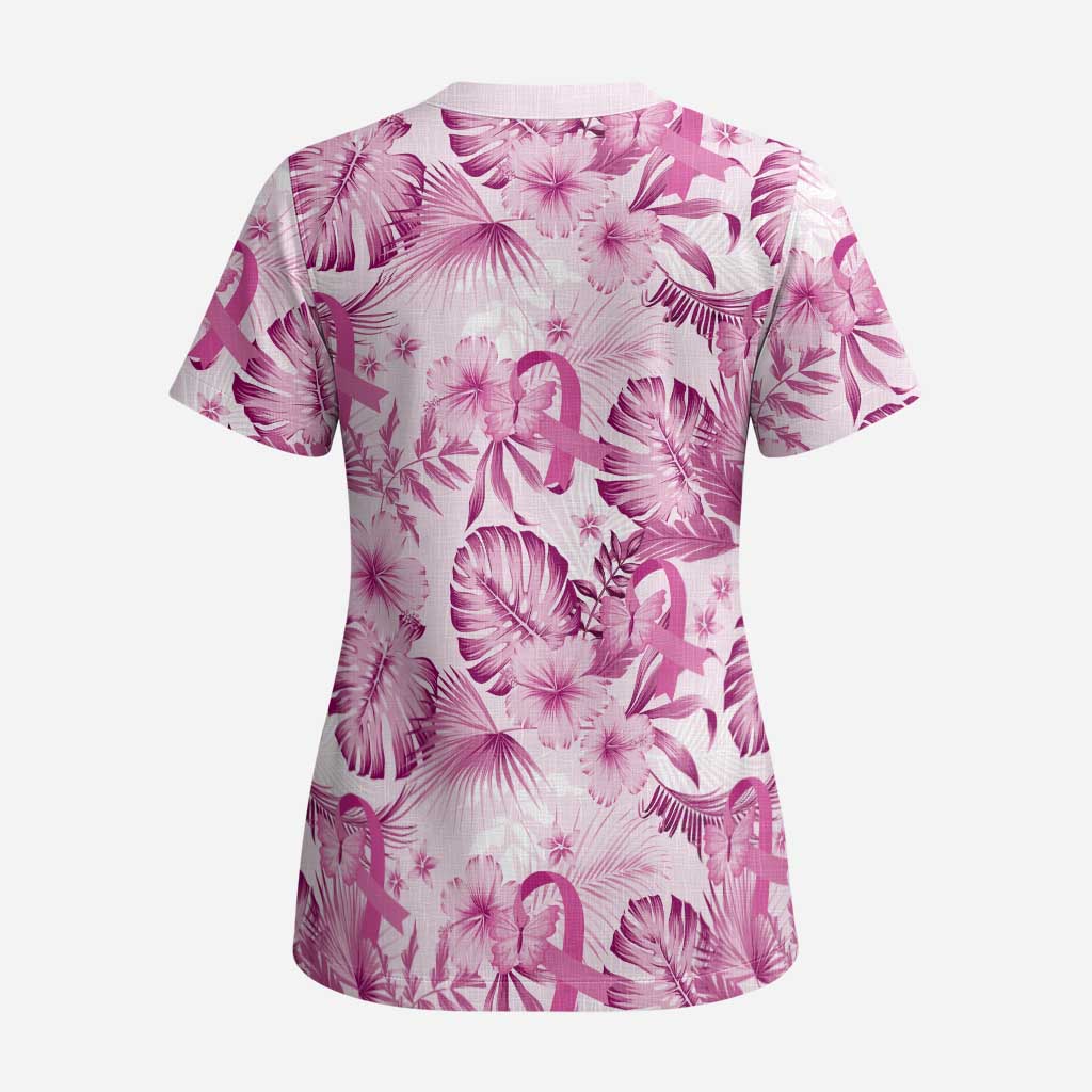 Pink Ribbon Hibiscus Tropical Pattern Scrub Top Breast Cancer - Polynesian Pride