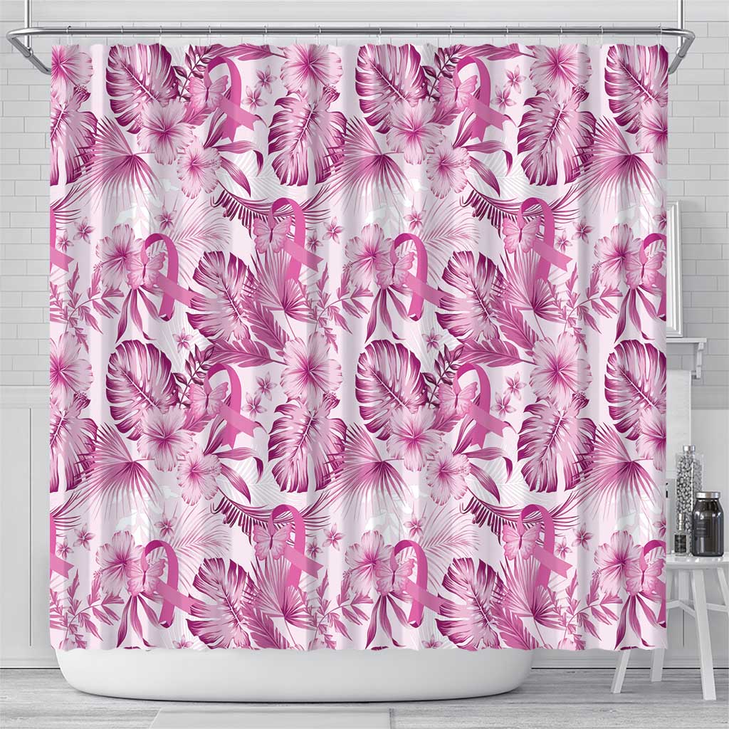 Pink Ribbon Hibiscus Tropical Pattern Shower Curtain Breast Cancer