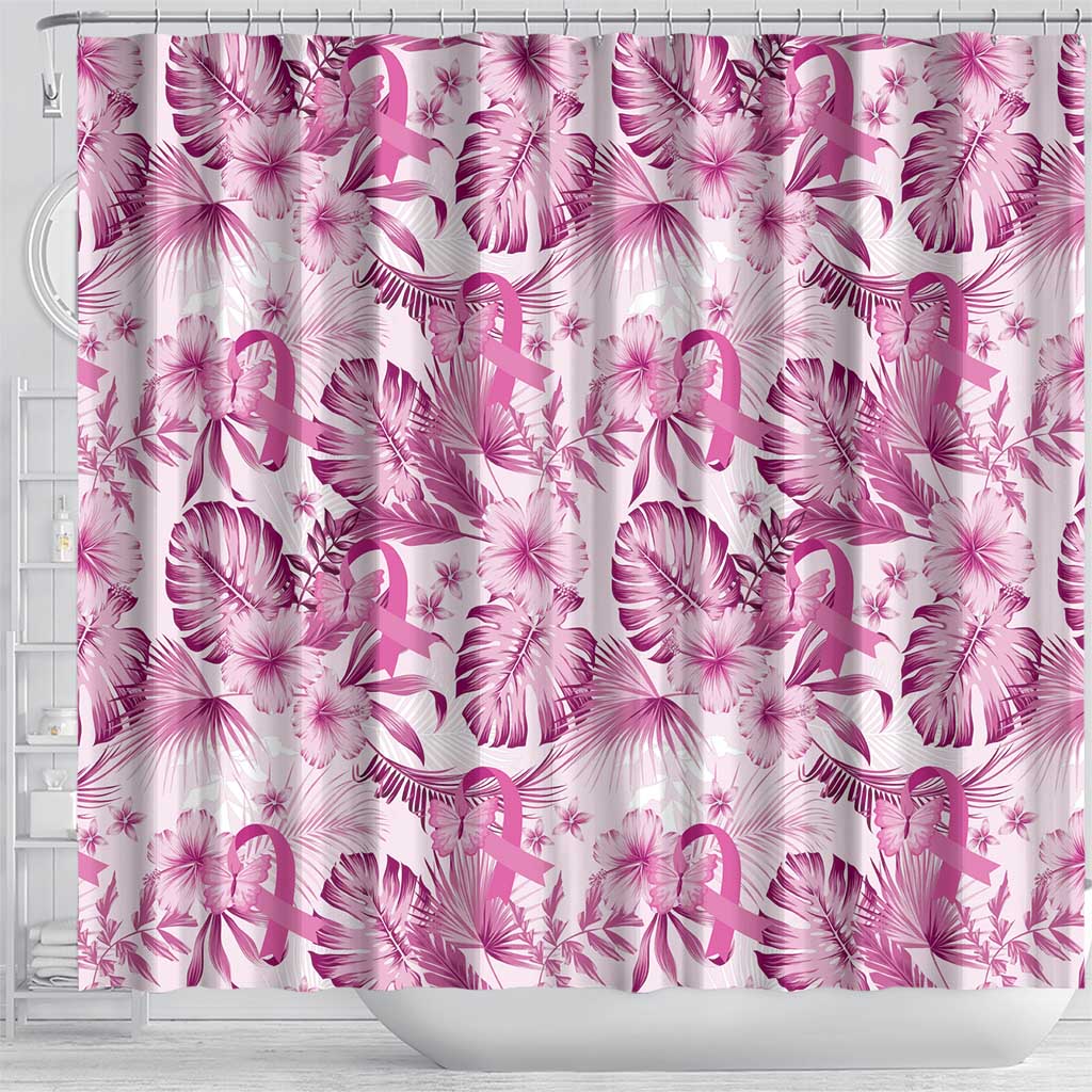 Pink Ribbon Hibiscus Tropical Pattern Shower Curtain Breast Cancer