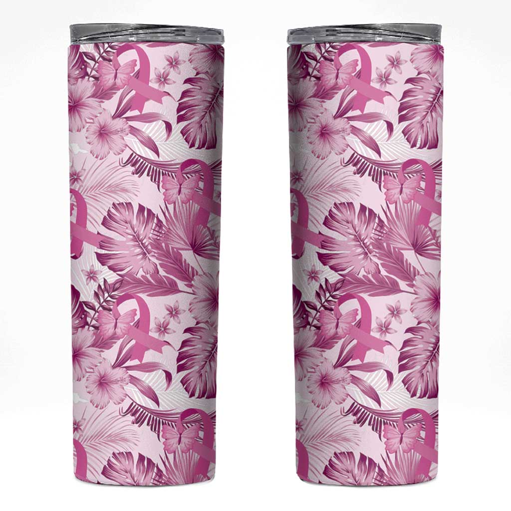 Pink Ribbon Hibiscus Tropical Pattern Skinny Tumbler Breast Cancer