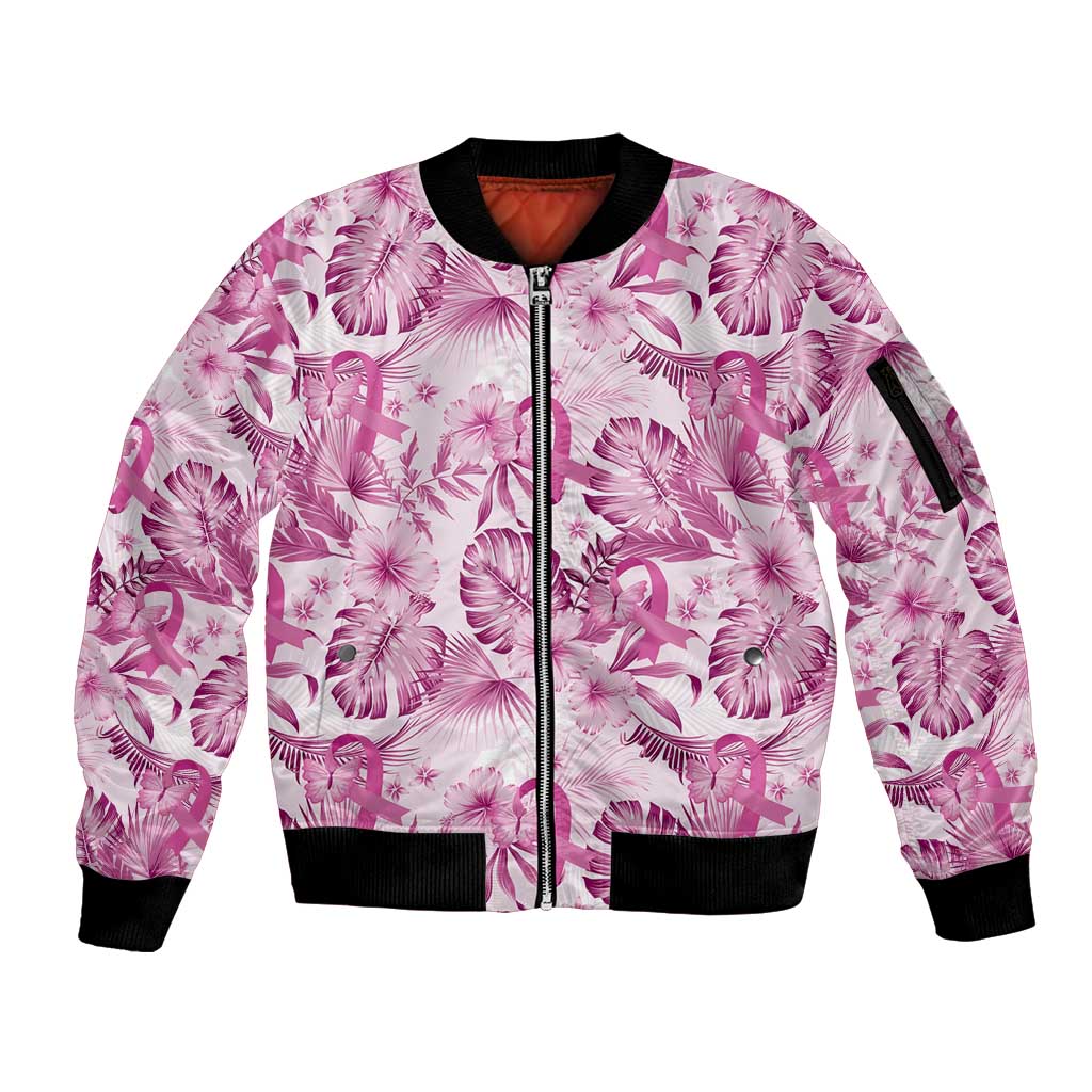 Pink Ribbon Hibiscus Tropical Pattern Sleeve Zip Bomber Jacket Breast Cancer