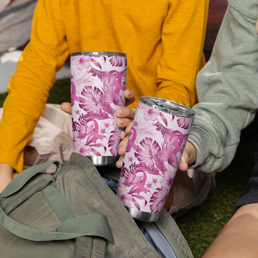 Pink Ribbon Hibiscus Tropical Pattern Tumbler Cup Breast Cancer