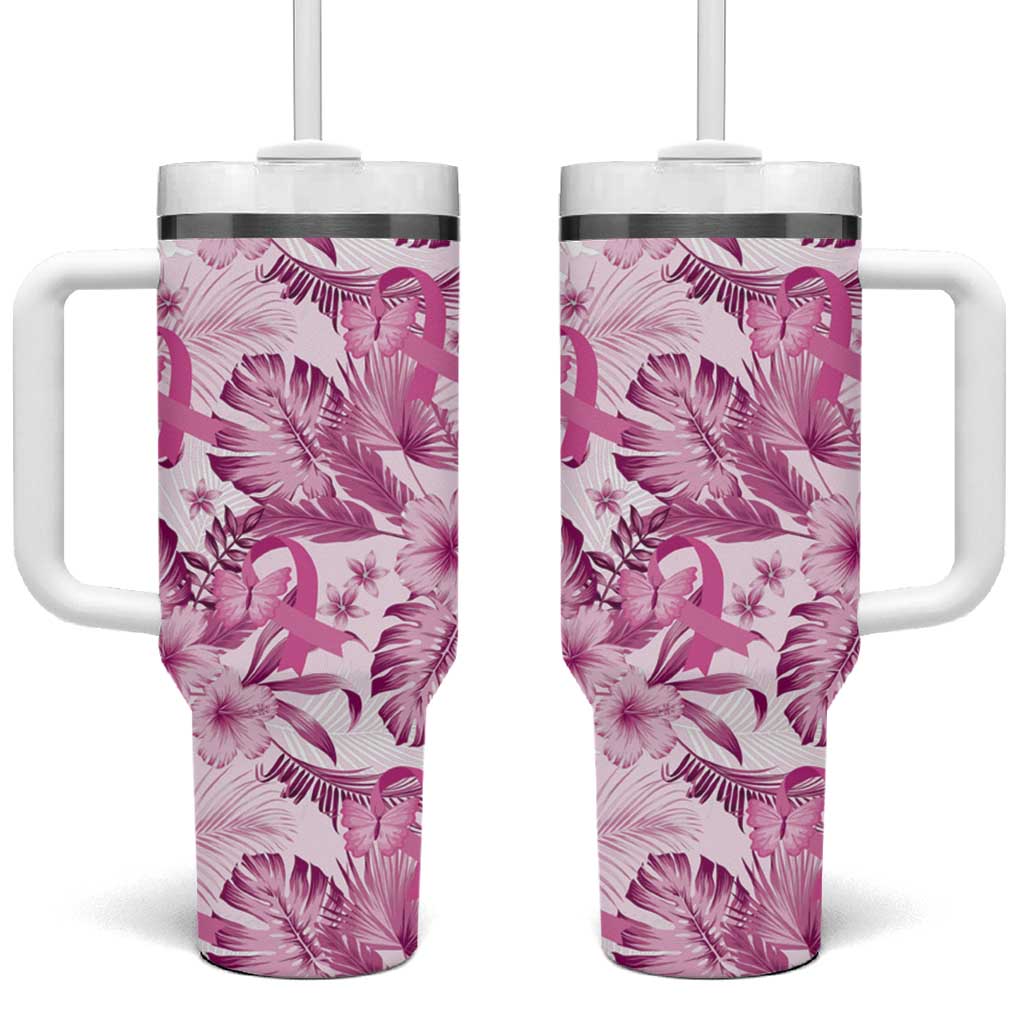 Pink Ribbon Hibiscus Tropical Pattern Tumbler With Handle Breast Cancer